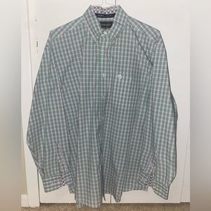 Men’s Wrangler Long Sleeve Button Up, green, baby blue & purple stripes, Large